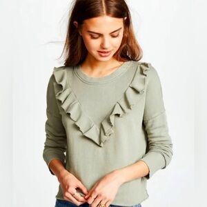 Free People Olive Sage Ruffle V-Neck Crew Sweatshirt